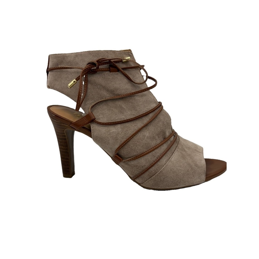 Franco Sarto Quinera Taupe Suede Peep Toe Lace Up Stiletto Booties 10M Boho